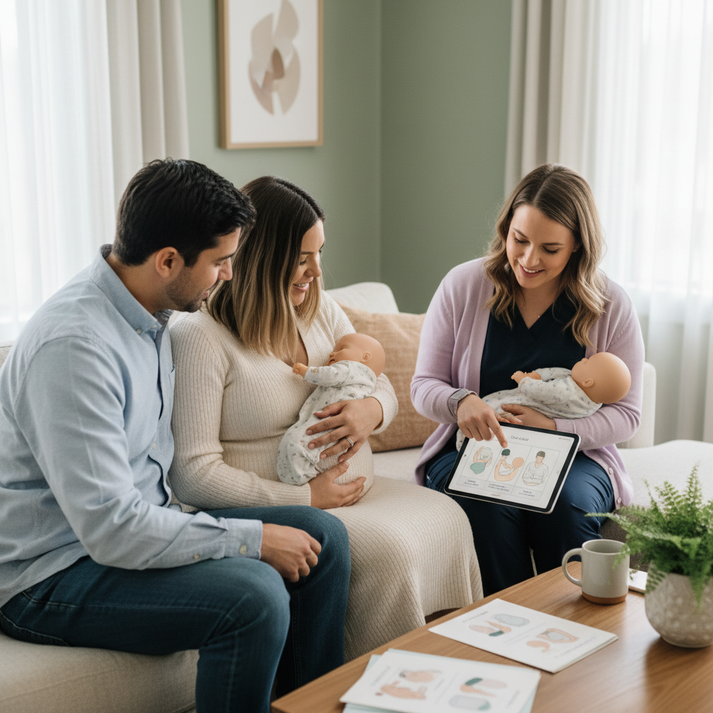 A realistic, soft and calming photograph of a pregnant person or couple in a warm, supportive clinic setting, learning about breastfeeding from a lactation professional. They are practicing breastfeeding positions with a baby doll or looking at a printed handout or tablet about breastfeeding. No exposed breast; focus on guidance, learning, and connection. Soft natural light, modern neutral decor, and subtle educational materials on a table.