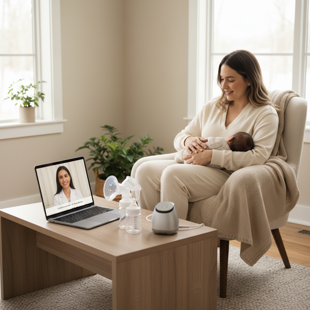 A realistic, soft and calming photograph of a parent with a newborn on their lap or nearby, engaged in a video call with a lactation consultant visible on a laptop or tablet screen. A discreet breast pump and feeding supplies sit on the table to suggest pumping support. Modern, tidy home setting with soft natural light, neutral colors, and a reassuring, professional feel.