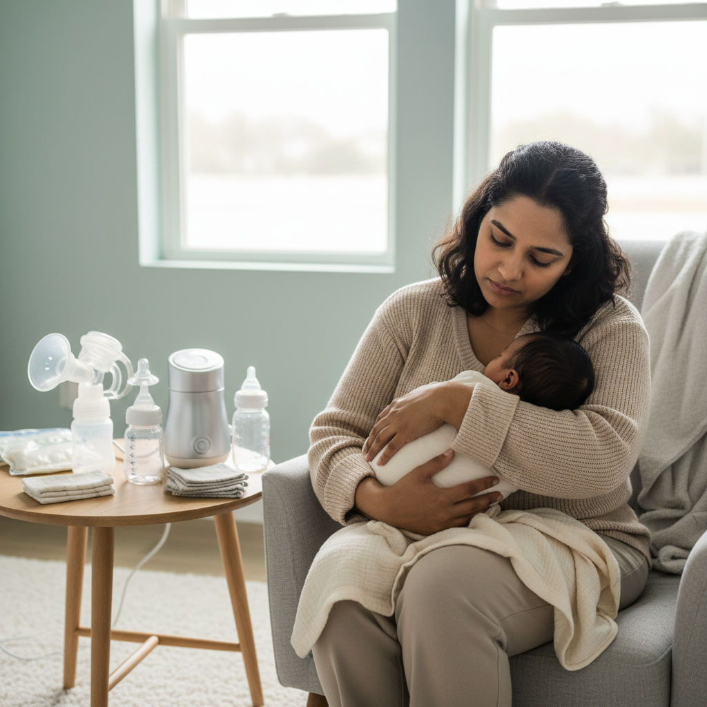 A realistic, light and calming photograph of a parent who looks tired or concerned, gently holding their baby in a modern, softly lit room. A breast pump or feeding supplies are visible on a nearby table, suggesting feeding challenges. The overall tone is emotionally validating and reassuring, with a soft, professional, non-clinical feel and diverse representation.