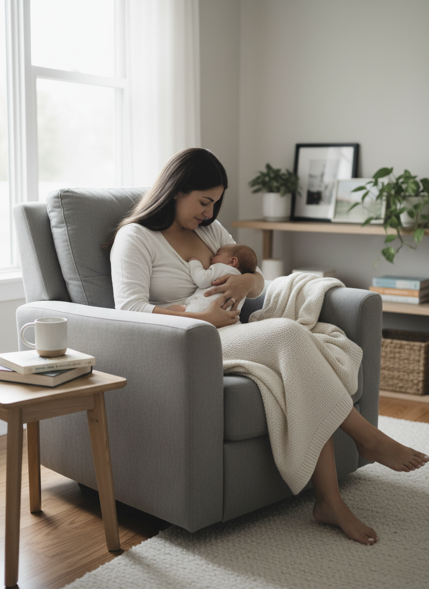 In-home breastfeeding scene in a softly lit living room. A parent sits in a dove-gray nursing armchair by a window, cradling a newborn at the breast. Neutral tones, cozy throw blanket, simple wooden side table, and a calm, loving expression as the parent looks down at the baby. Soft, natural light, shallow depth of field, modern and reassuring atmosphere, suitable for a premium lactation support clinic website.
