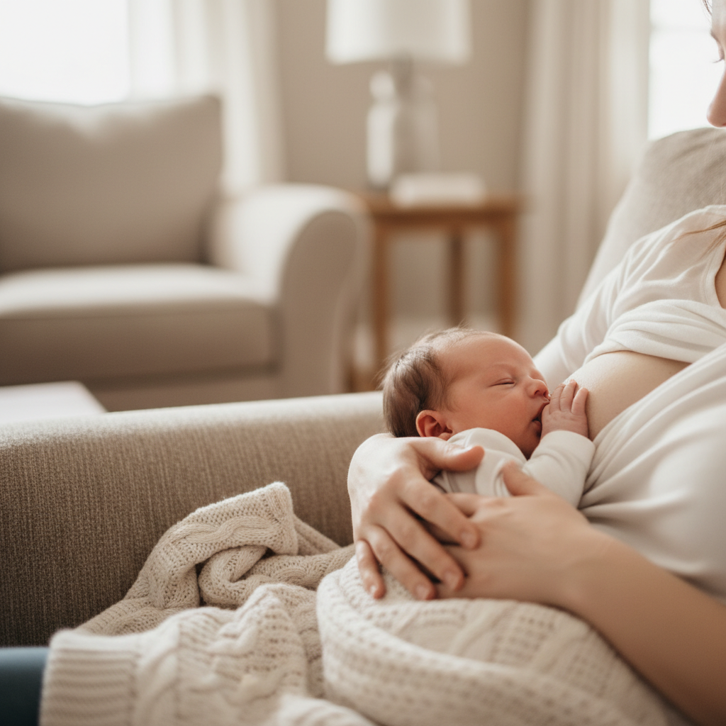 Close-up, softly lit scene of a parent breastfeeding a newborn on a beige sofa at home. Focus on the baby’s face nestled at the breast, the parent’s supportive hand, and a neutral knit blanket. Warm, neutral color palette, shallow depth of field, and an overall feeling of calm, loving connection, suitable for a lactation consulting website hero image.