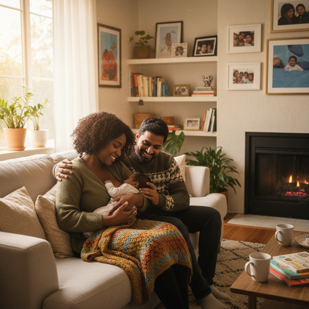 Supportive, diverse-parent breastfeeding scene: two parents of different backgrounds sitting together on a sofa, one breastfeeding their baby while the other wraps an arm around them, both relaxed and smiling. Warm, cozy living room setting that feels welcoming and inclusive.