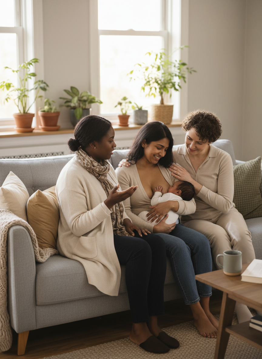 Portrait-orientation, in-home lactation support visit with diverse family. A lactation consultant sits with two parents and a newborn on a living room sofa. One parent is breastfeeding while the other offers gentle support with a hand on their partner's shoulder, and the consultant gestures softly while explaining feeding cues. Soft natural light, neutral and cozy decor, and warm expressions create a calm, welcoming, and nurturing atmosphere. Stock-style, professional, and discreet.